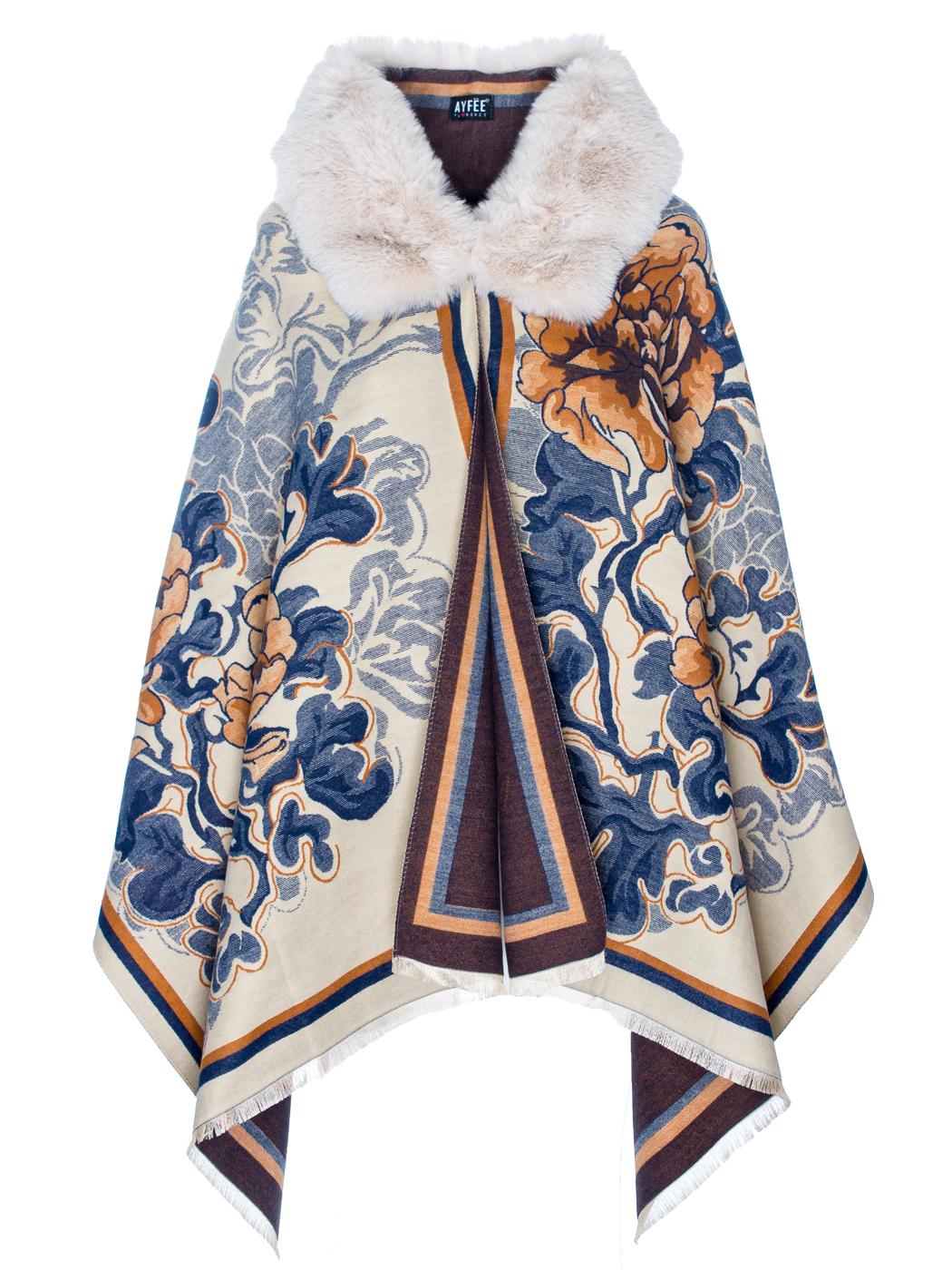 MANTELLA CON COLLO IN PELLICCIA FLOWER JACQUARD, TG UNICA - BLUE